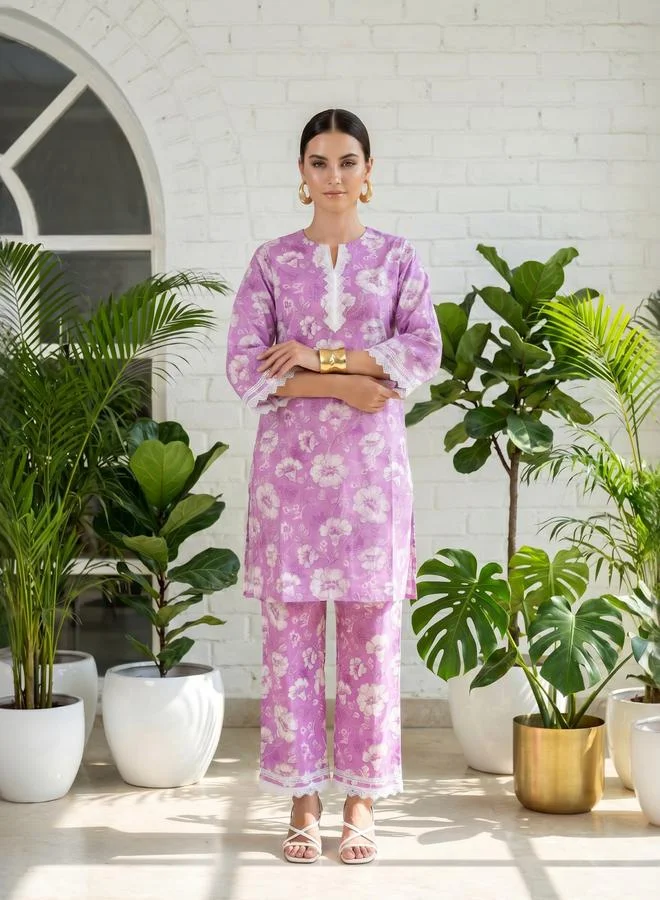 تايك تو Lilac Floral Print Lace Details Tunic and Trousers Set By Imana