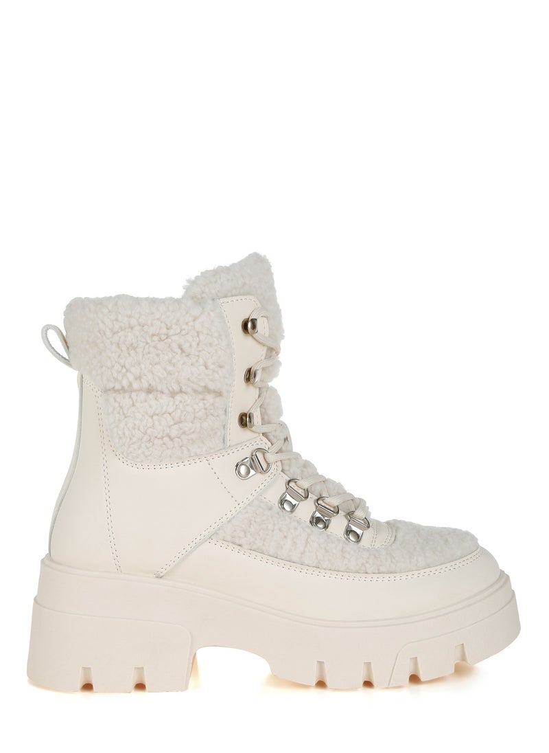 London Rag Faux Fur Detail Chunky Hiker Boots in Beige  - Image 1