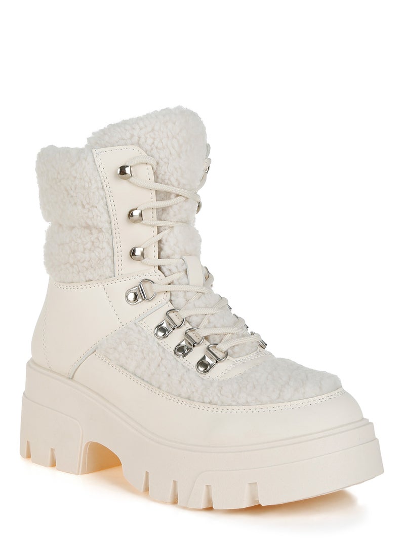 London Rag Faux Fur Detail Chunky Hiker Boots in Beige  - Image 2