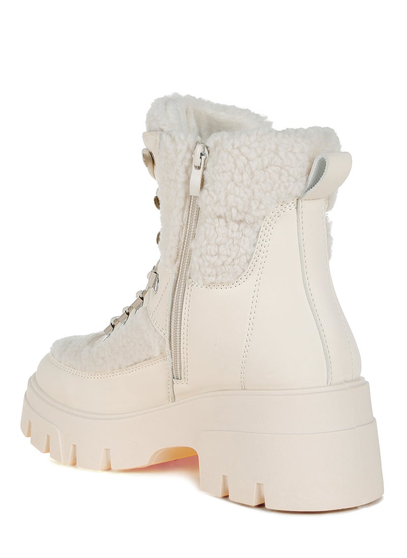 London Rag Faux Fur Detail Chunky Hiker Boots in Beige  - Image 3