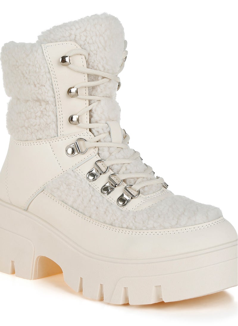 London Rag Faux Fur Detail Chunky Hiker Boots in Beige  - Image 5