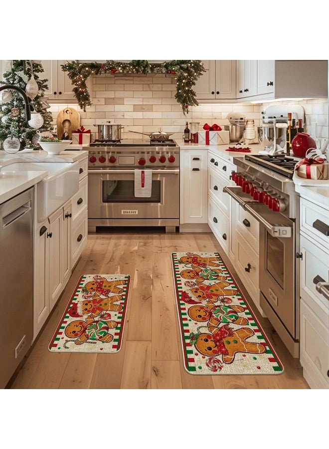 Artoid Mode Gingerbread Candy Cane Christmas Kitchen Mats Set of 2, Winter Home Decor Low-Profile Kitchen Rugs for Floor - 17x29 and 17x47 Inch - Image 1