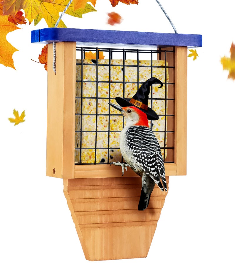 Gbekery Wooden Suet Bird Feeder for Outside Hanging, Woodpecker Suet Feeder with Tail Prop, Hanging Bird Feeder for Wild Birds, 1 Pack, Blue - Image 1