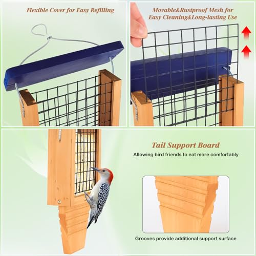 Gbekery Wooden Suet Bird Feeder for Outside Hanging, Woodpecker Suet Feeder with Tail Prop, Hanging Bird Feeder for Wild Birds, 1 Pack, Blue - Image 3