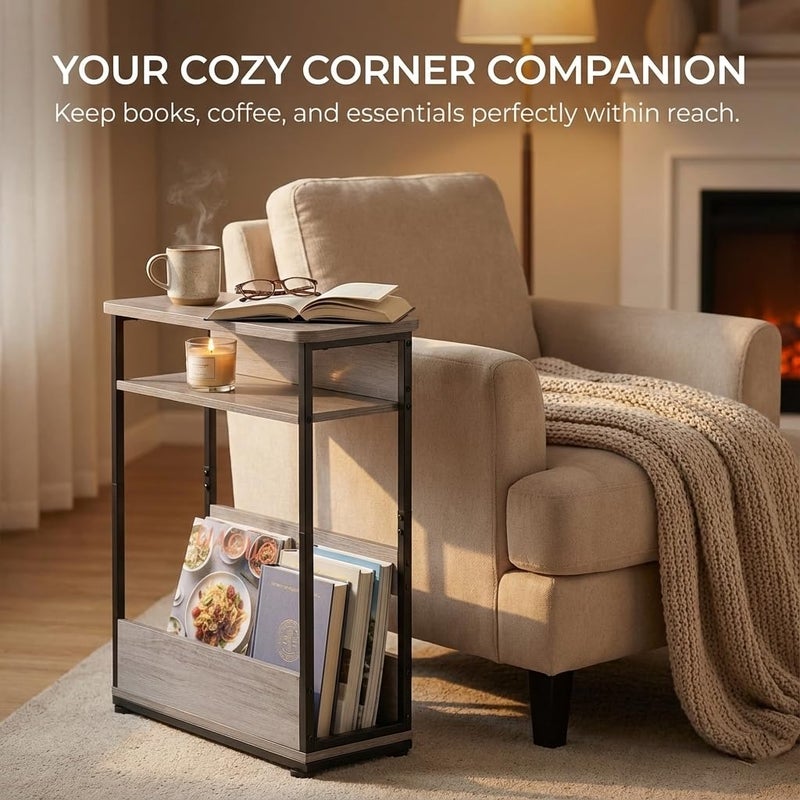 YEAKOO Narrow Side Table,3-Tier Slim End Table with Storage Shelf,Modern Sofa Table Thin Side Table for Narrow and Small Spaces, Skinny Bedside Table Small Nightstand with Magazine Rack Space Saving/Oak - Image 2