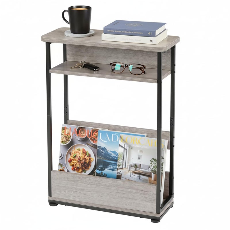 YEAKOO Narrow Side Table,3-Tier Slim End Table with Storage Shelf,Modern Sofa Table Thin Side Table for Narrow and Small Spaces, Skinny Bedside Table Small Nightstand with Magazine Rack Space Saving/Oak - Image 1