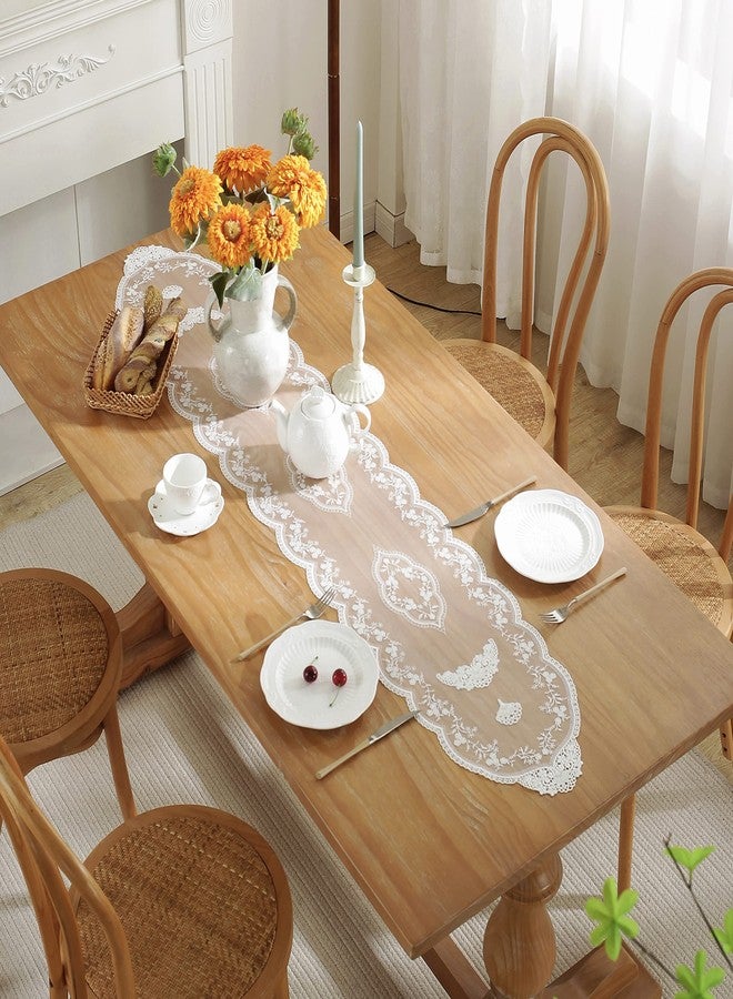VIRFONOR White Lace Table Runner, Retro Flower Embroidered Dresser Scarf for Dining /Wedding Banquet/ Home/ Coffee Table Decoration (12"×59") - Image 3