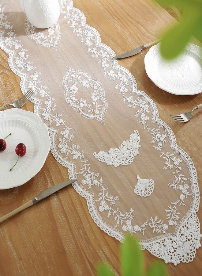 VIRFONOR White Lace Table Runner, Retro Flower Embroidered Dresser Scarf for Dining /Wedding Banquet/ Home/ Coffee Table Decoration (12"×59") - Image 2