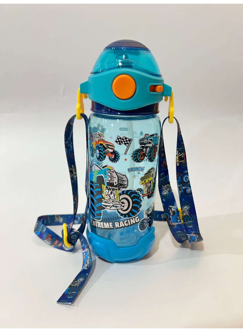 Monster Truck Racing Theme Kids Water Bottle Sippy Cup with Straw, 650ML BPA-Free Leakproof Water Bottle with Adjustable Shoulder Strap, Portable Drinking Cup for Kids