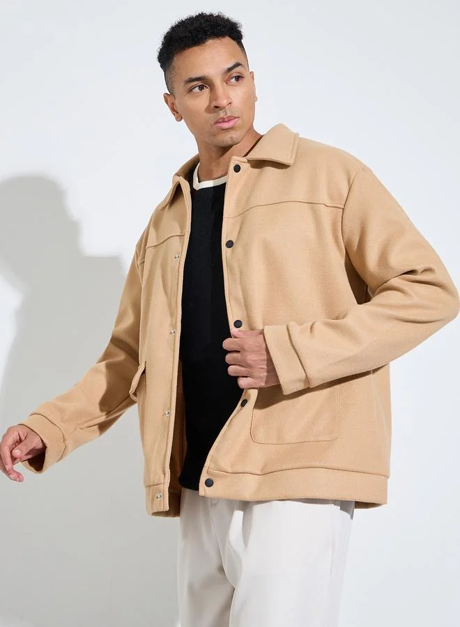Brown Solid Pocket Details Regular Fit Workwear Jacket