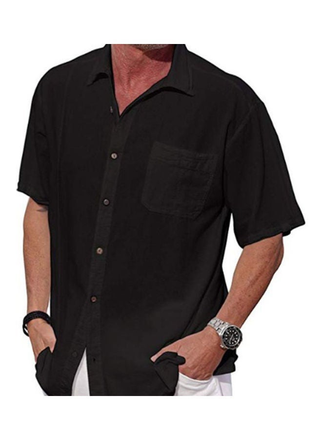 NIBEMINENT Men Solid Colour Linen Short Sleeve Shirt Black - Image 3