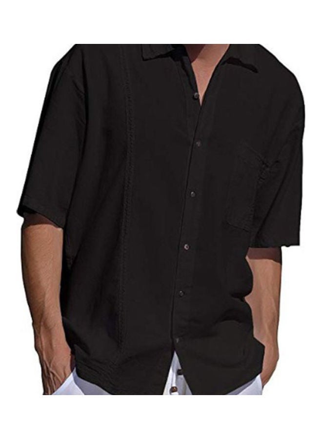 NIBEMINENT Men Solid Colour Linen Short Sleeve Shirt Black - Image 2