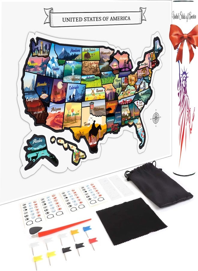 GLIBERTVILLAGEGOODS Large 23x16 Scratch-Off USA Map - Hand-Drawn Travel Design with Accessories, Laminated for Home Décor - Deluxe States Tracker, Road Trip Gift, Perfect for Travelers, Adventure & Geography Lovers - Image 1