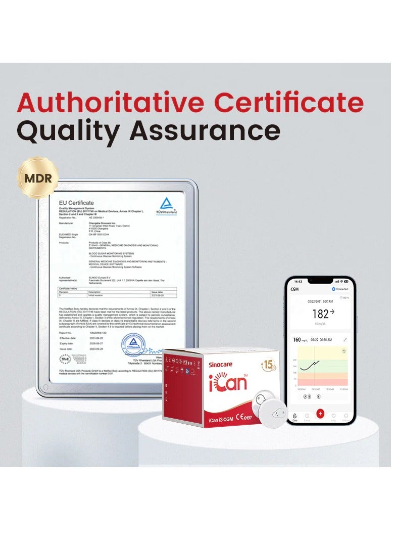 iCAN i3 Continuous Glucose Monitoring Kit 15 Days Every 3 Min Output Test Value Via App