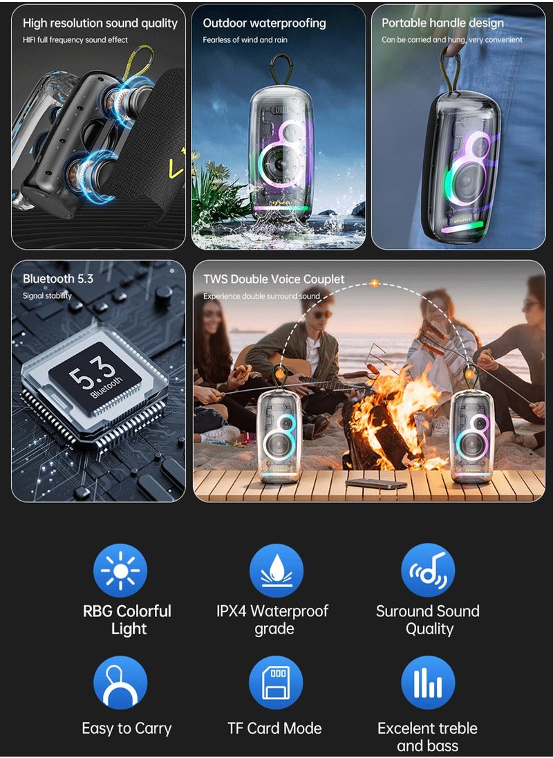 أوي مكبر صوت بلوتوث، جودة صوت HD، جودة صوت واضحة، تصميم هيكل شفاف، إضاءة رائعة، لاسلكي محمول، مقاوم للماء IPX6، وقت تشغيل يصل إلى 20 ساعة، إقران TWS، BT5.3، مناسب للمنزل، الحفلات، الأماكن الخارجية، الشاطئ  - Image 4