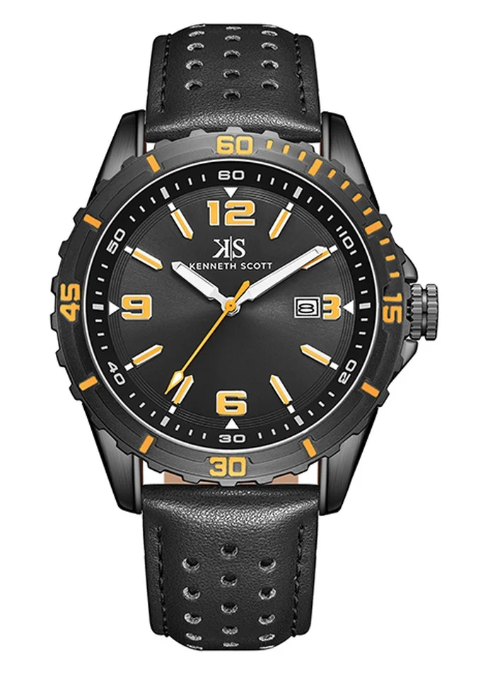 KENNETH SCOTT Kenneth Scott K24022-BLBBO Men's Analog Display Watch & Leather  Strap Black