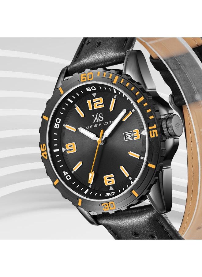 KENNETH SCOTT Kenneth Scott K24022-BLBBO Men's Analog Display Watch & Leather  Strap Black  - Image 4