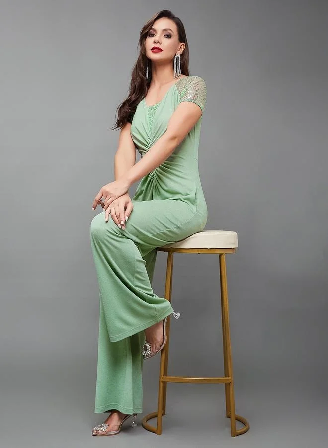 Styli Embellished Ruched Detail Wide Leg Jumpsuit