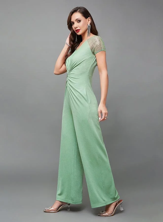 Styli Embellished Ruched Detail Wide Leg Jumpsuit