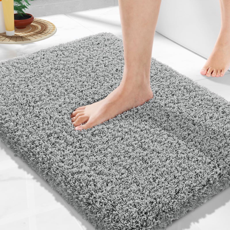 Yimobra Bathroom Rugs Non Slip Washable Ultra Soft and Water Absorbent Bath Mats Plush Fluffy Shower Mat Outside Microfiber Thick Matts for Bathroom FloorSink 24x17 Pure Gray