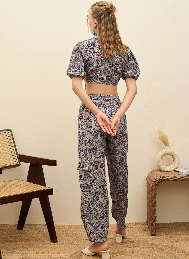 SASSAFRAS Printed Crop Top And Trousers Co-Ords For Women