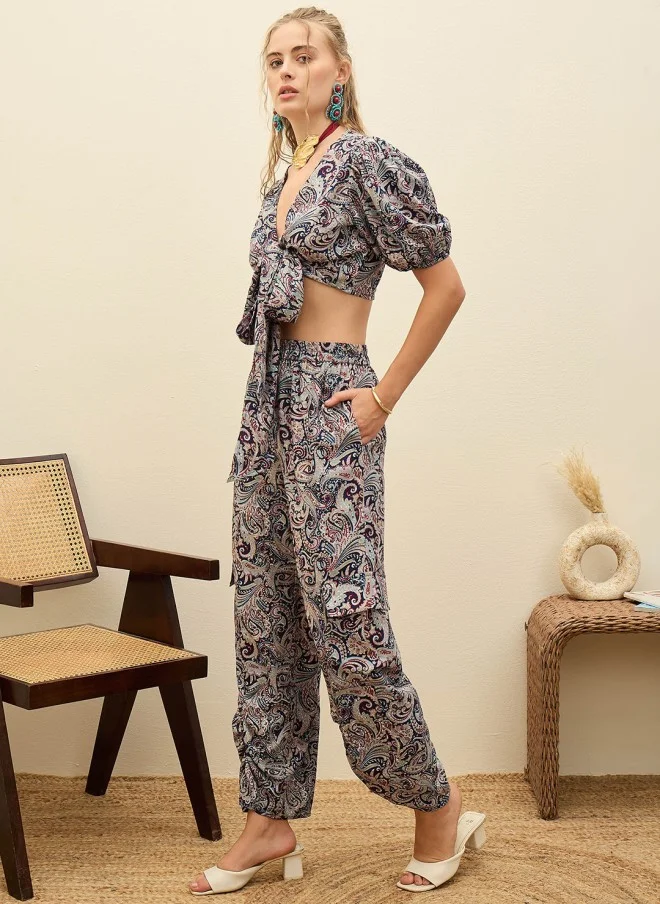 SASSAFRAS Printed Crop Top And Trousers Co-Ords For Women