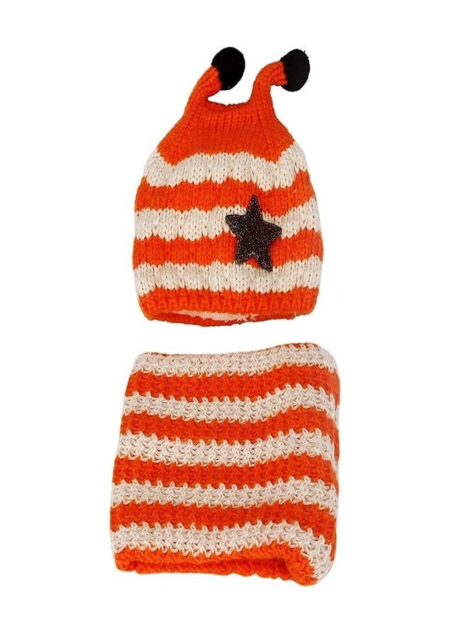 V3E Kids Winter Cap Shawl Set for 1 Year to 4 Year, Knitted Woolen Hat Scarf Very Warm Children Bee Cap (Orange & White) - Image 3