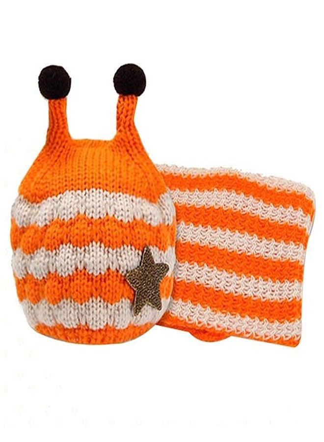 V3E Kids Winter Cap Shawl Set for 1 Year to 4 Year, Knitted Woolen Hat Scarf Very Warm Children Bee Cap (Orange & White) - Image 2