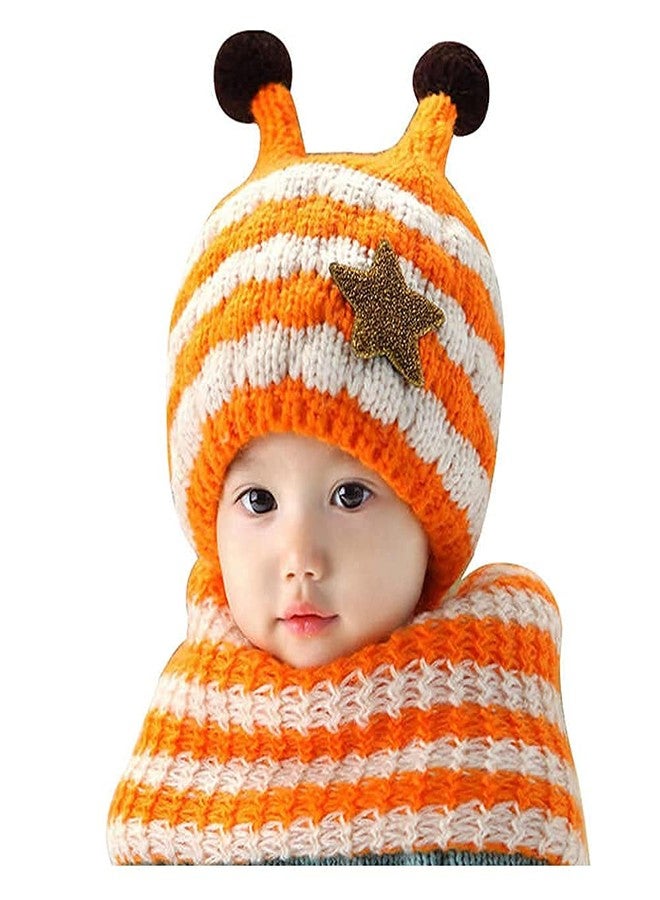 V3E Kids Winter Cap Shawl Set for 1 Year to 4 Year, Knitted Woolen Hat Scarf Very Warm Children Bee Cap (Orange & White) - Image 1