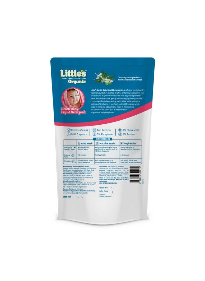 Little's - Organix Gentle Baby Detergent Liquid For Clothes | 1000 Ml X Refill | Anti-Bacterial Liquid Detergent For Baby Clothes Enriched With Aloe Vera & Neem Extracts | Free From Brighteners & Bleach - Image 1