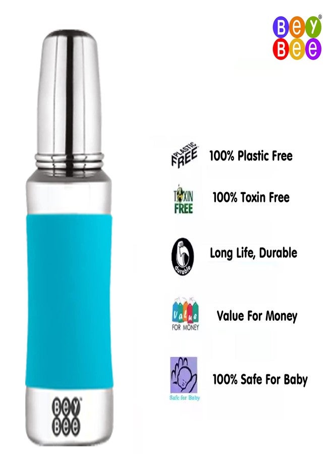 Bey Bee BeyBee Stainless Steel Baby Feeding Bottle with 304 Food Grade Stainless Steel | No Plastic No Leakage, Silicone Grip with Internal ml Marking (2 Extra Nipple Free) | 240 ml | Odour Free | Blue - Image 5