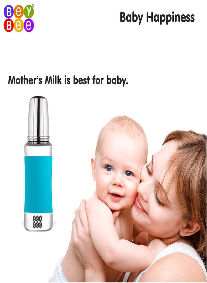 Bey Bee BeyBee Stainless Steel Baby Feeding Bottle with 304 Food Grade Stainless Steel | No Plastic No Leakage, Silicone Grip with Internal ml Marking (2 Extra Nipple Free) | 240 ml | Odour Free | Blue - Image 4