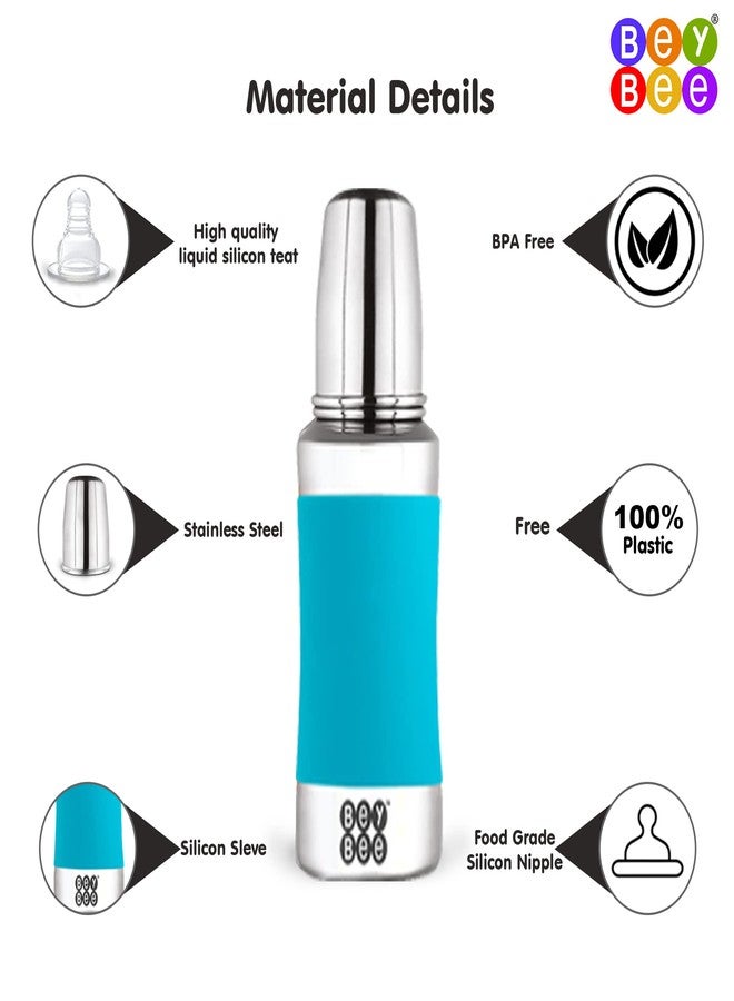 Bey Bee BeyBee Stainless Steel Baby Feeding Bottle with 304 Food Grade Stainless Steel | No Plastic No Leakage, Silicone Grip with Internal ml Marking (2 Extra Nipple Free) | 240 ml | Odour Free | Blue - Image 3