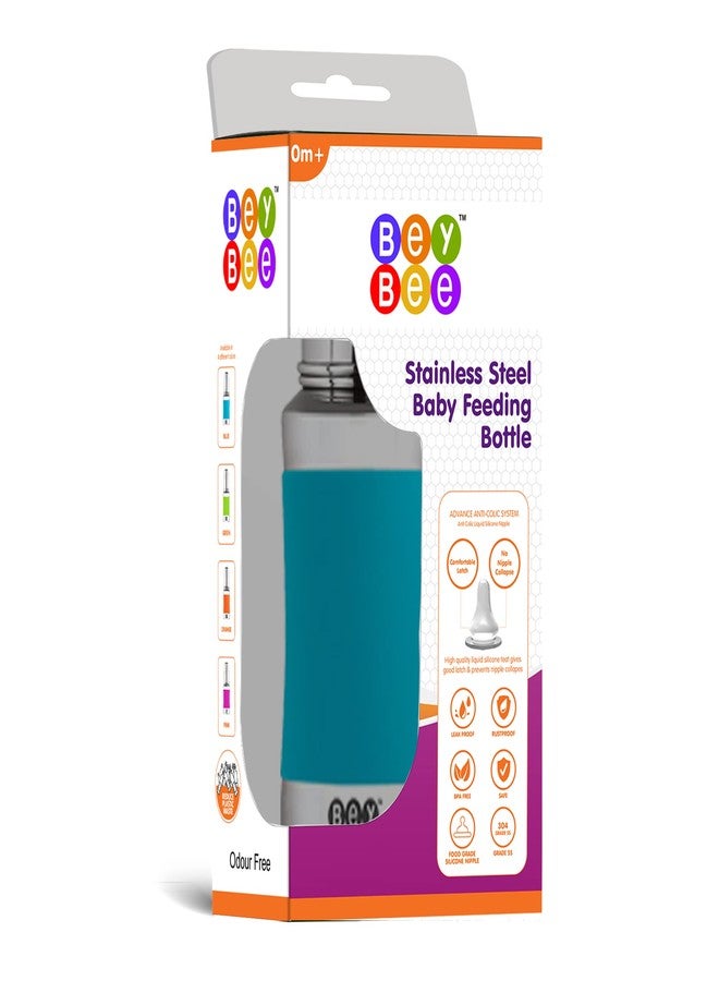 Bey Bee BeyBee Stainless Steel Baby Feeding Bottle with 304 Food Grade Stainless Steel | No Plastic No Leakage, Silicone Grip with Internal ml Marking (2 Extra Nipple Free) | 240 ml | Odour Free | Blue - Image 2