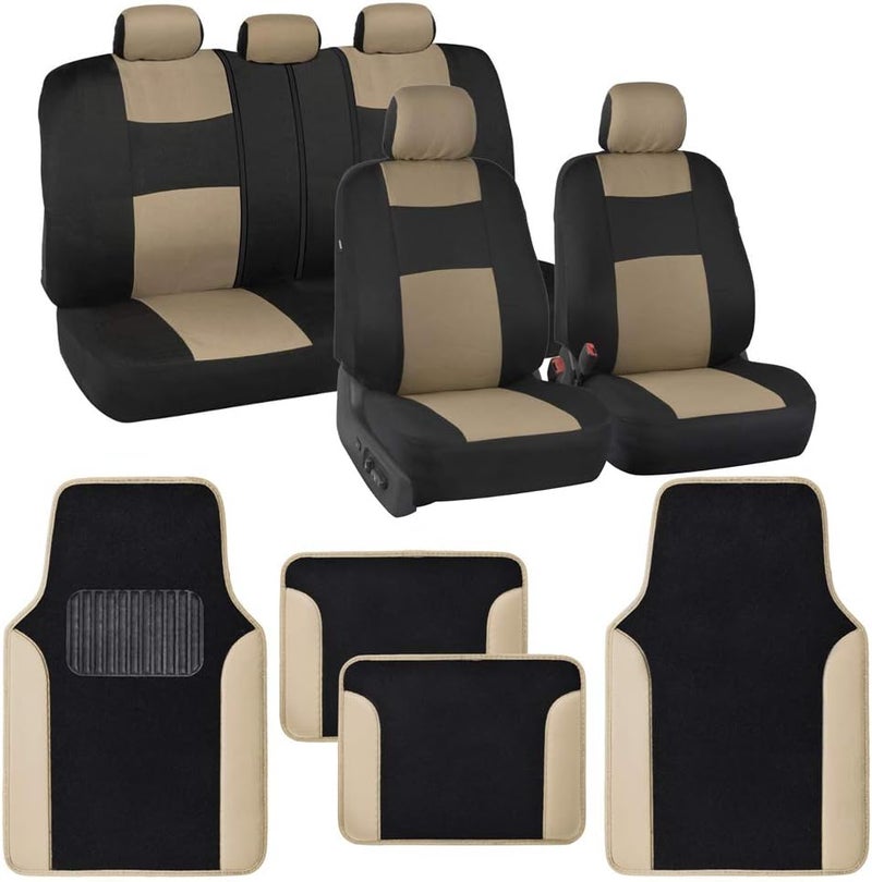 BDK PolyPro Beige Car Seat Covers Full Set with 4-Piece Car Floor Mats - Image 1