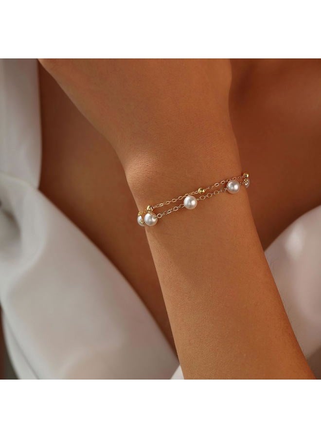 ENASAL 1/4/6Pcs Bridesmaid Proposal Gifts,Gold Pearl Bracelets for Women,18K Gold Plated Layered Bracelets for Wedding Bridal Party, Medium, no gemstone - Image 3