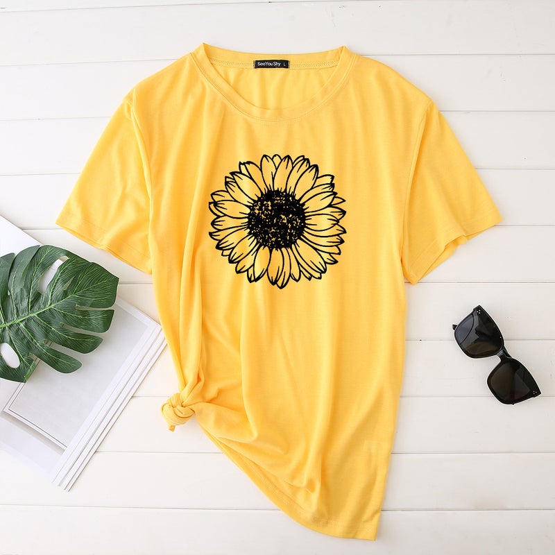 2020 Women's T-shirt Printed Sunflower Pattern Polyester Cotton T-shirt Women's Top s-9701 - Image 1