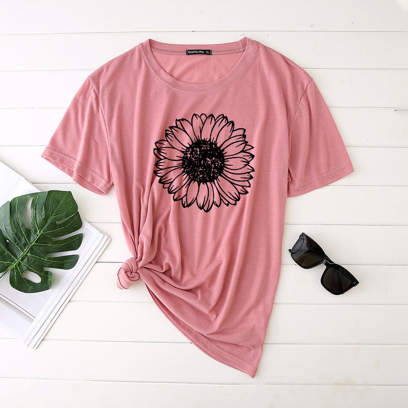2020 Women's T-shirt Printed Sunflower Pattern Polyester Cotton T-shirt Women's Top s-9701 - Image 4