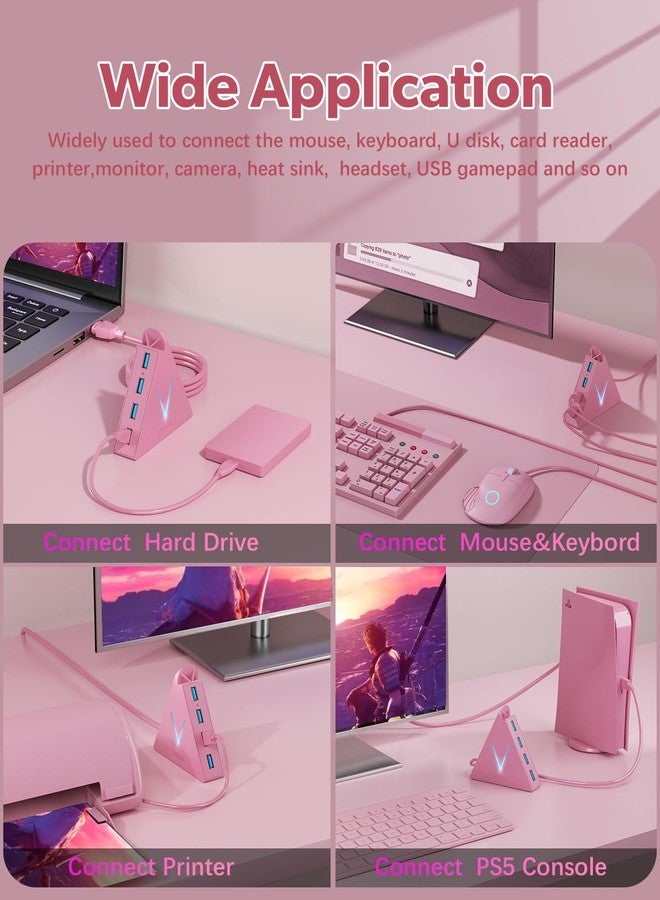 JoyReken 4-Port USB 3.0 Hub, FlyingVHUB Vertical Data USB Hub with 2 ft Extended Cable, for Mac, PC, Xbox One, PS4, PS5, iMac, Surface Pro, XPS, Laptop, Desktop, Flash Drive, Mobile HDD(Pink) - Image 3