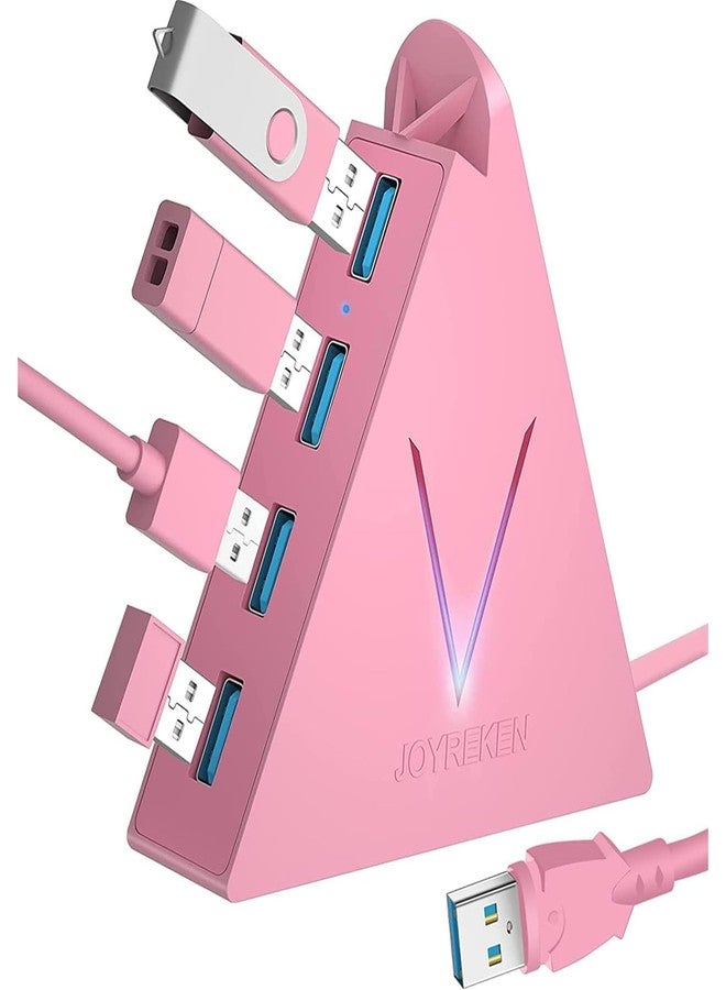 JoyReken 4-Port USB 3.0 Hub, FlyingVHUB Vertical Data USB Hub with 2 ft Extended Cable, for Mac, PC, Xbox One, PS4, PS5, iMac, Surface Pro, XPS, Laptop, Desktop, Flash Drive, Mobile HDD(Pink) - Image 1
