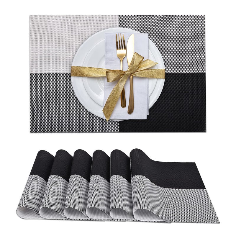 StandNext StandNext Placemats Premium Set of 6 PVC Woven Vinyl Table Mats Perfect Stain Resistant Heat Resistant Easy Washable Wipeable NonSlip Mat for Kitchen Patio Yard Outdoor Dining Black Grey 