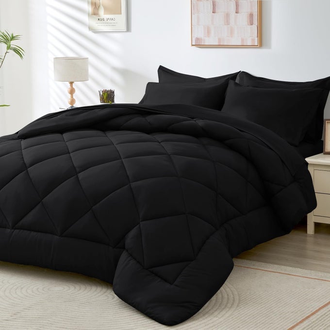 BLACK QUEEN COMFORTER SET 7PIECE ALL SEASON BED IN A BAG QUEEN ULTRA SOFT BEDDING SET WITH COMFORTER FLAT SHEET FITTED SHEET PILLOWCASES PILLOW SHAMS BLACK