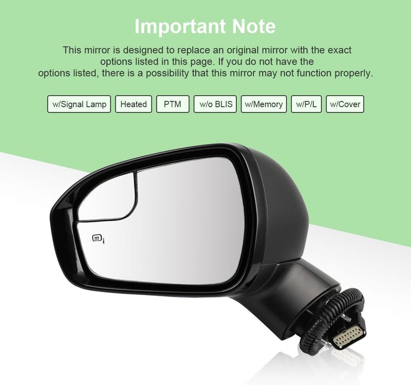 SCITOO Driver Side View Mirror Compatible with 2018 For Ford For FUSION Heated; w/Signal Lamp; w/o BLIS; w/Memory; w/P/L; w/Cover; PTM; Left Outside Exterior Mirror FO1320623 JS7Z17683XA-PFM - Image 4