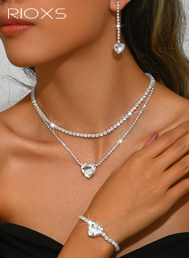 RIOXS 3 Pcs Rhinestone Jewelry Set for Women, Silver Glitter Heart Drop Layered Necklace Earrings and Bracelet, Sparkly Dainty Heart Costume Jewelry Set for Bride, Bridesmaid, Mom, Girlfriend, Sister and Your Loved - Image 2