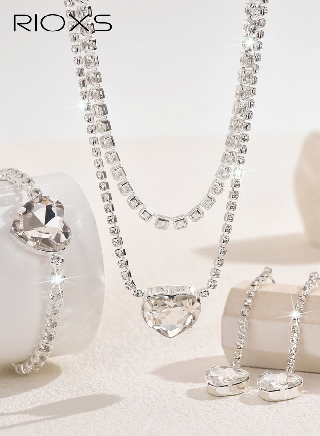 RIOXS 3 Pcs Rhinestone Jewelry Set for Women, Silver Glitter Heart Drop Layered Necklace Earrings and Bracelet, Sparkly Dainty Heart Costume Jewelry Set for Bride, Bridesmaid, Mom, Girlfriend, Sister and Your Loved - Image 4