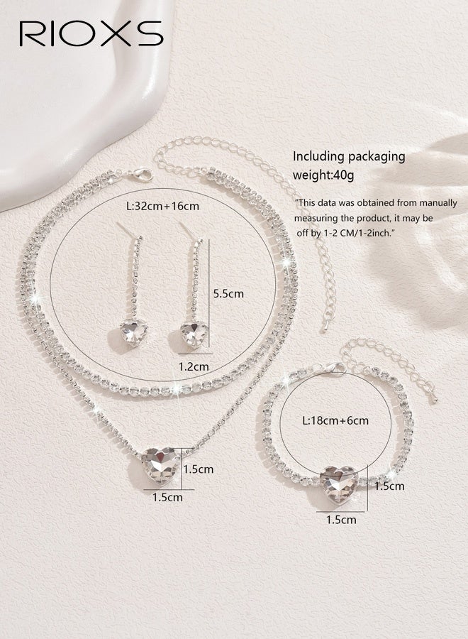 RIOXS 3 Pcs Rhinestone Jewelry Set for Women, Silver Glitter Heart Drop Layered Necklace Earrings and Bracelet, Sparkly Dainty Heart Costume Jewelry Set for Bride, Bridesmaid, Mom, Girlfriend, Sister and Your Loved - Image 3
