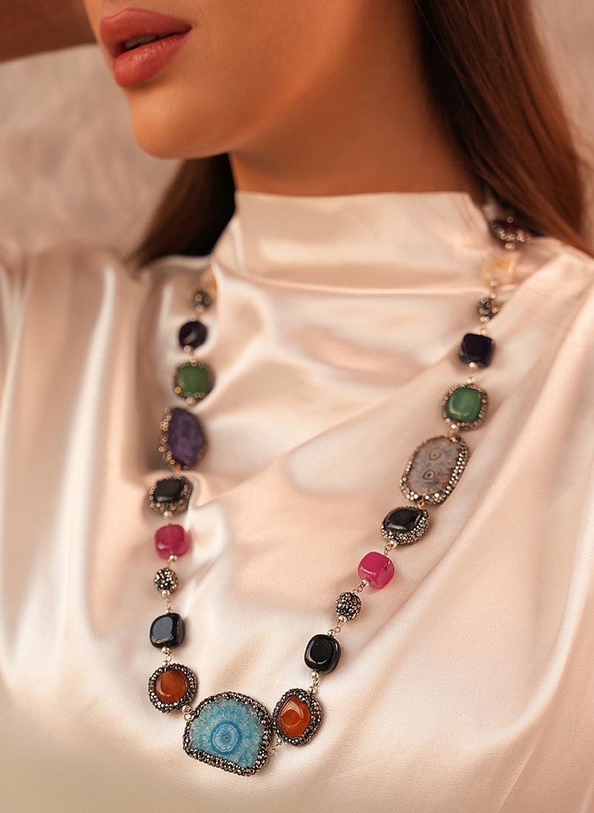 Binnis Wardrobe Gold Plated Artificial Stones & Beads Beaded Necklace With Earrings - Image 1