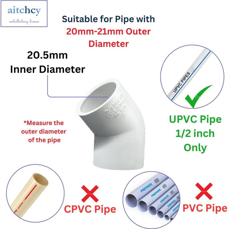 aitchcy 20mm PVC Elbow Bend 45 Degree | 45° elbow for Pvc Pipes Having Outer Diameter of 20mm | PVC Pipe Joint | Connector for Furnitures & Structures (Shoe Bend 8 Pc) - Image 3