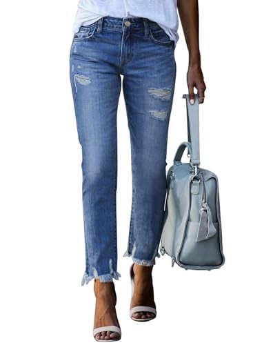 EVALESS Jeans for Women High Waisted Stretchy Ripped Distressed Tummy Control Straight Ankle Jean Capris 2025 Blue Size 12 - Image 1
