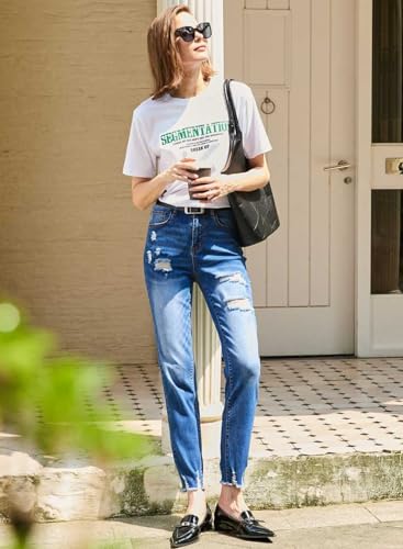 EVALESS Jeans for Women High Waisted Stretchy Ripped Distressed Tummy Control Straight Ankle Jean Capris 2025 Blue Size 12 - Image 5